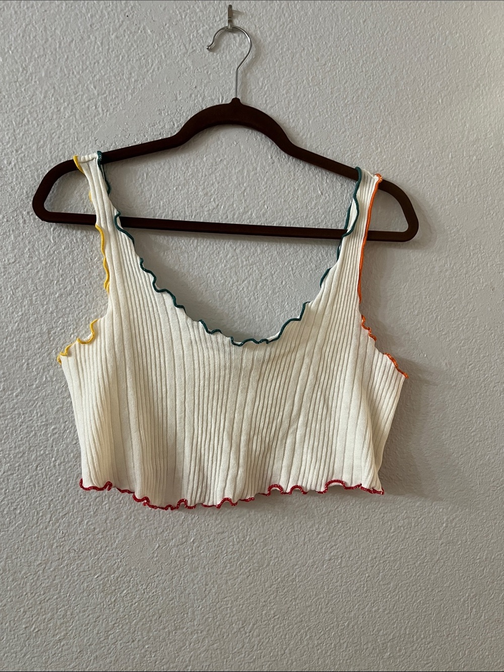 Urban Outfitters Cream Ribbed Lettuce-Edge Crop Tank with Multicolor Trim